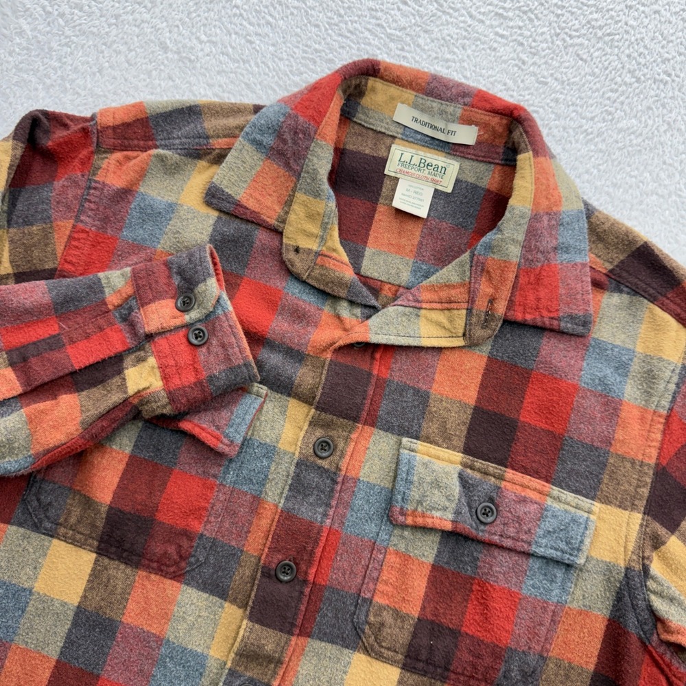 LL Bean Mens Chamois Cloth Shirt Traditional Fit Plaid Flannel Red Orange M-REG